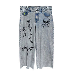 ALAB Skull Rave Jeans Ultra Wide Leg Embroidered Denim Pants Size 10 Y2K Blue